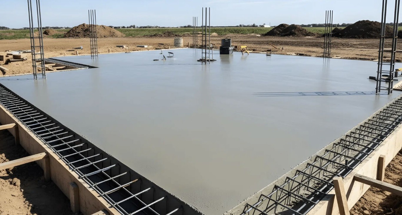 Professional concrete foundation slab installation showing reinforcement and formwork